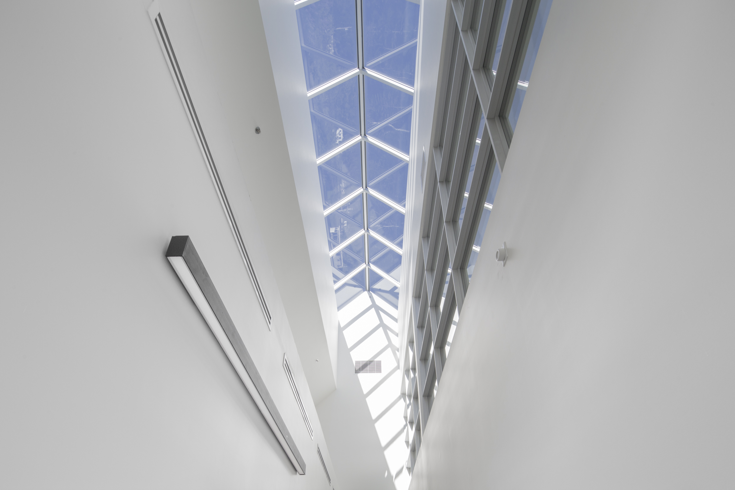 A skylight along the top edge of the gable roof illuminates the reception area and administrative functions of the building.